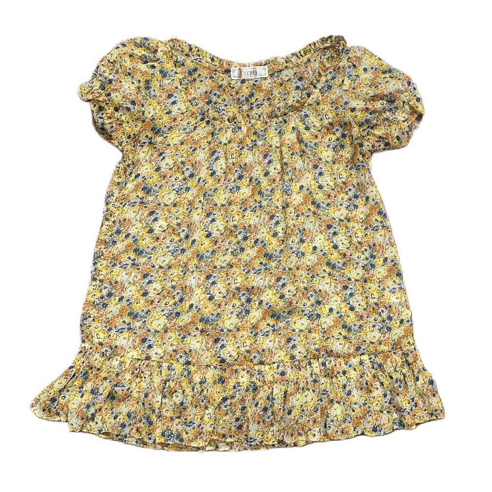 Decree Women’s Yellow Multi Color Floral Ruffled Drop Waist Spring Blouse Top